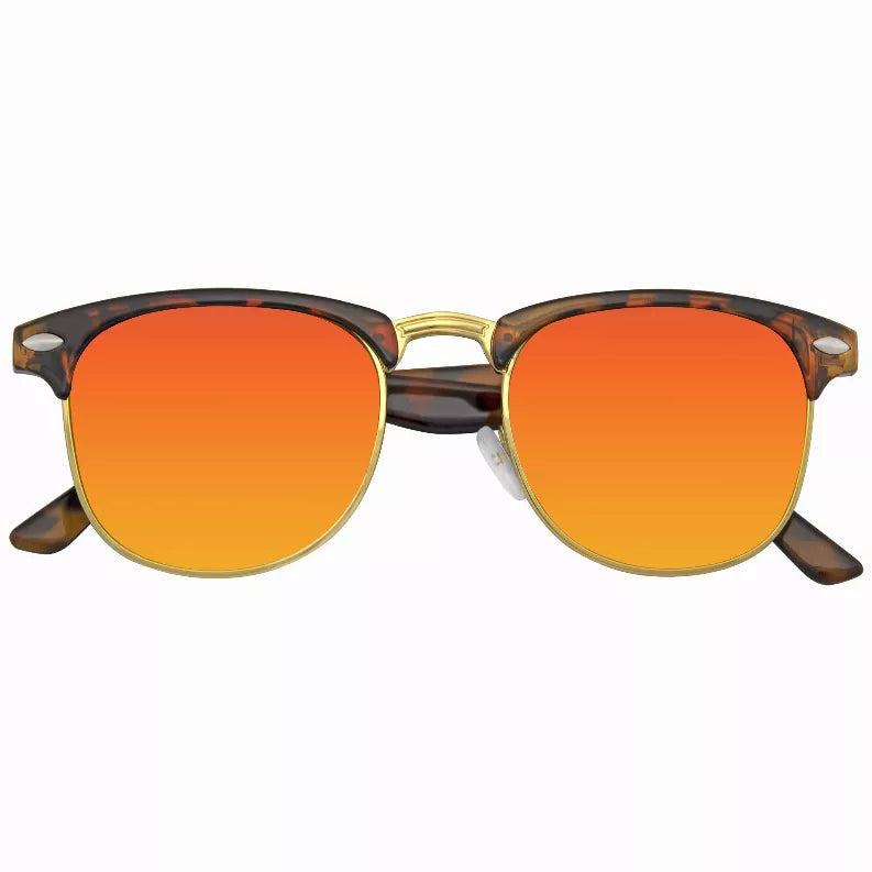 Retro half-frame sunglasses, tortoise frame, gold bridge, orange flash-mirror lenses