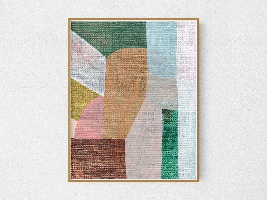 Framed abstract wall art print, orange central form with teal, green, and pink blocks