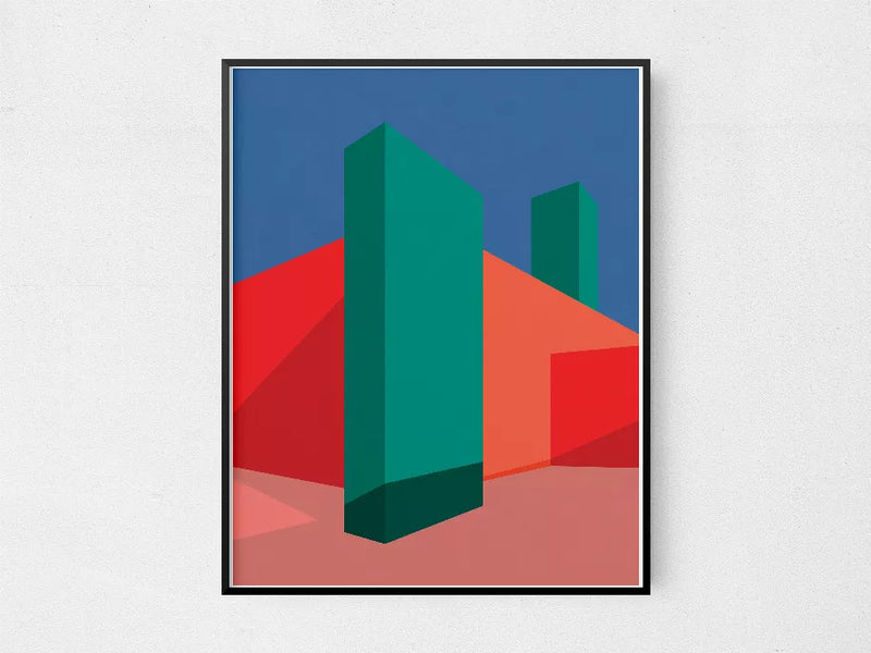 Black-framed geometric wall art with teal columns and red planes on blue