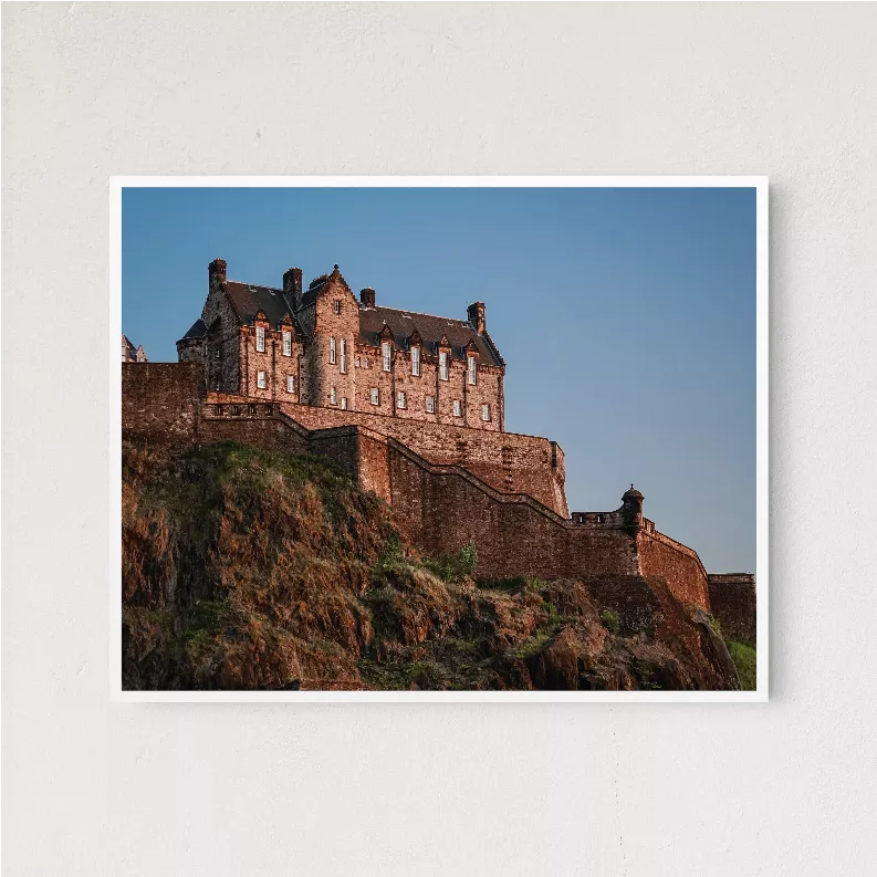 Framed castle photo print with blue sky and hilltop stone buildings
