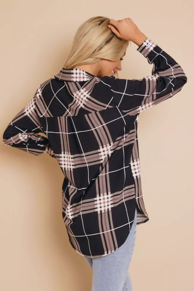 Plaid button-up shirt with long sleeves, front buttons, navy and pink lines