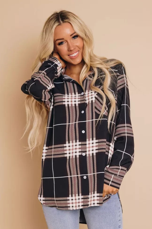 Plaid button-up shirt with long sleeves and chest pockets, navy and pink plaid