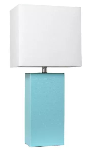 Modern table lamp with white fabric drum shade and teal leather-style rectangular base