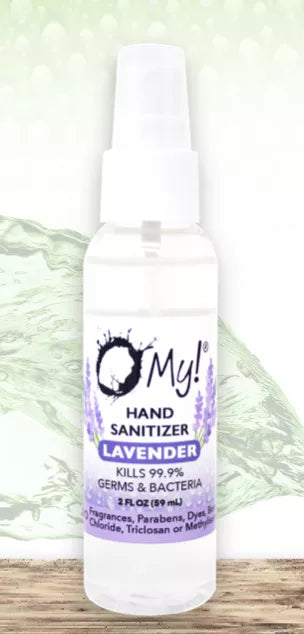 Hand sanitizer bottle with lavender label and mist sprayer cap, O My!.