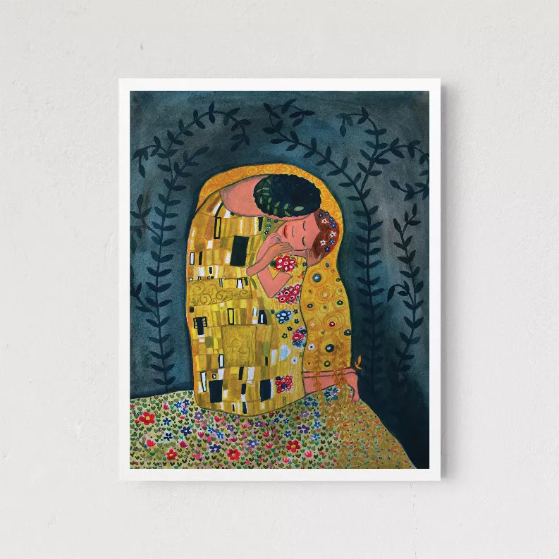 Framed art print of a woman in yellow with leafy arch and golden mosaic hands
