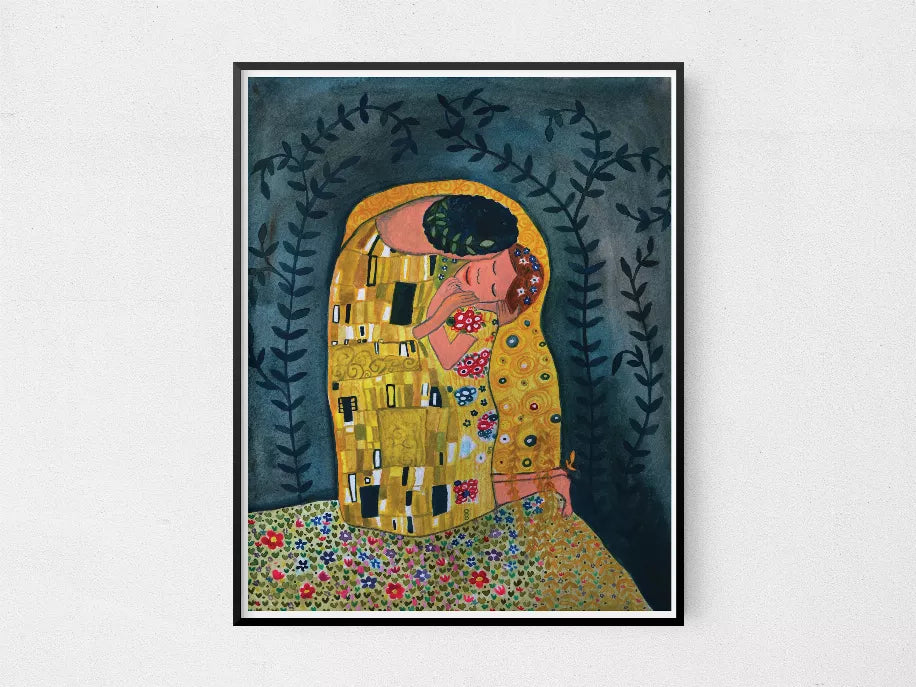 Framed portrait art print: woman in yellow under dark blue leafy arch