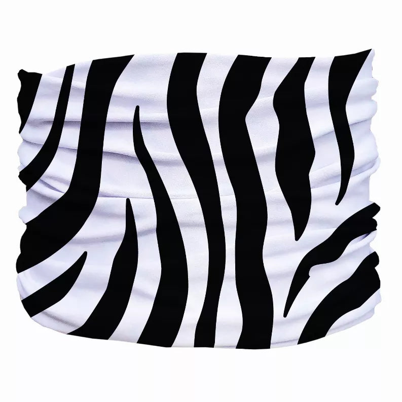 Black-and-white zebra-striped fabric scarf tube, ruched/gathered hem edges