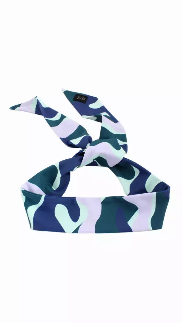 Sport headtie with navy, teal, and purple wave camo pattern, knotted top