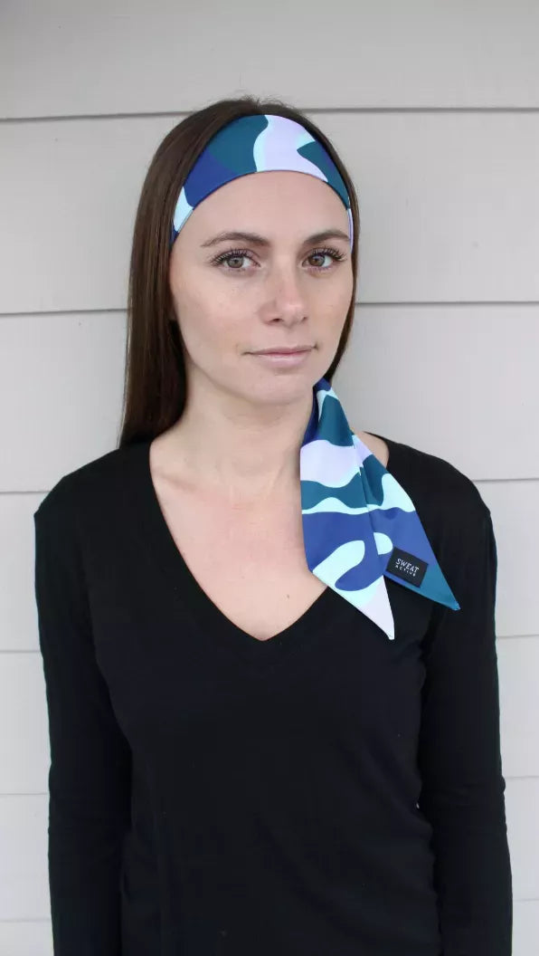 Sport headtie with blue and teal wave camo pattern, side bow visible