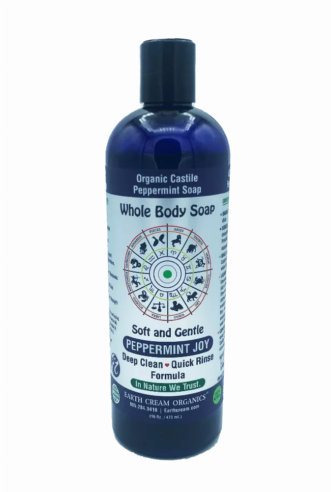 Blue organic castile peppermint liquid soap bottle, Whole Body Soap label