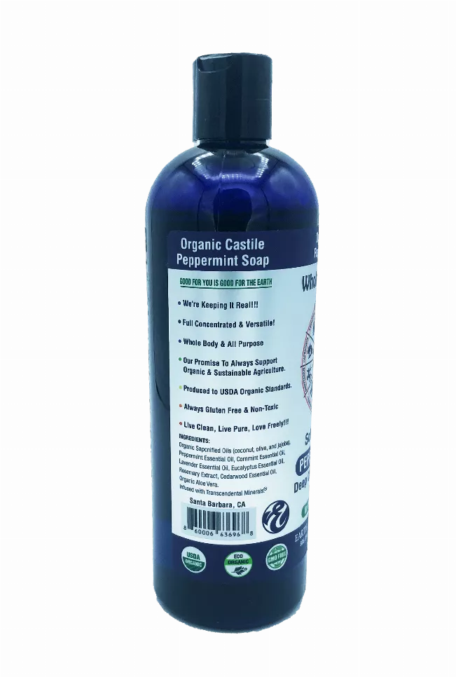Blue organic castile peppermint liquid soap bottle with back ingredients label
