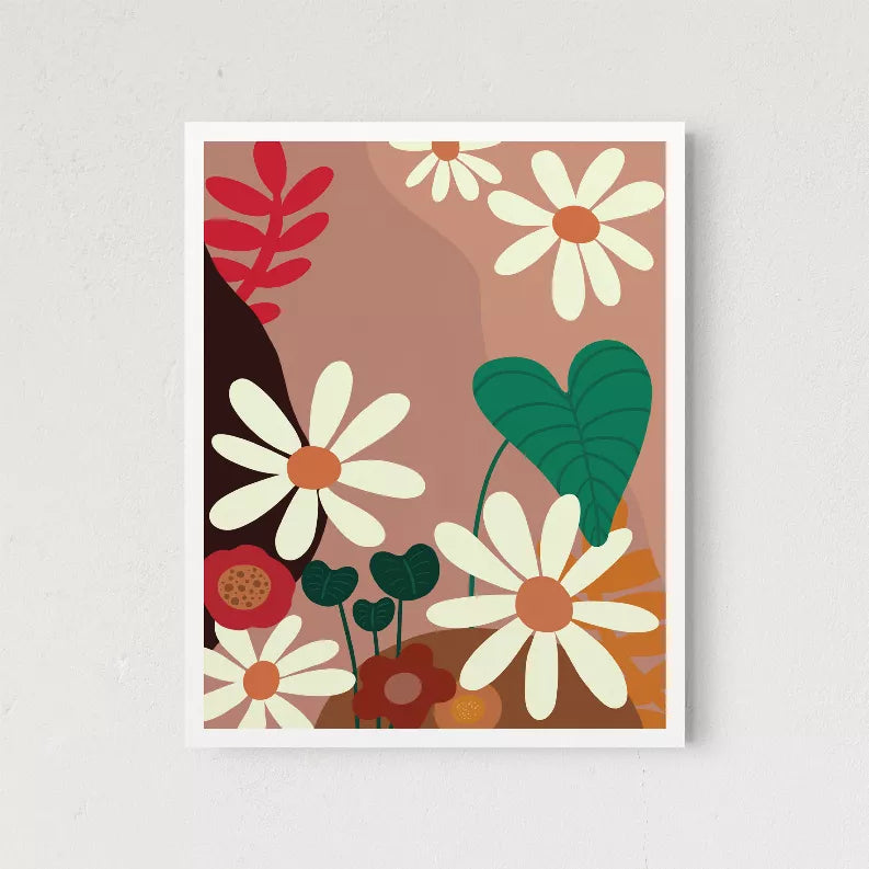 Framed floral wall art print with red, cream flowers and green leaves on warm background