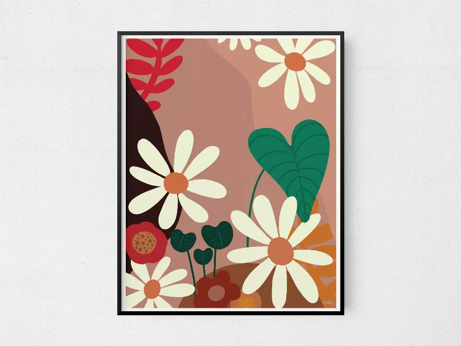 Framed floral wall art print featuring cream daisies, red accents, and green leaves