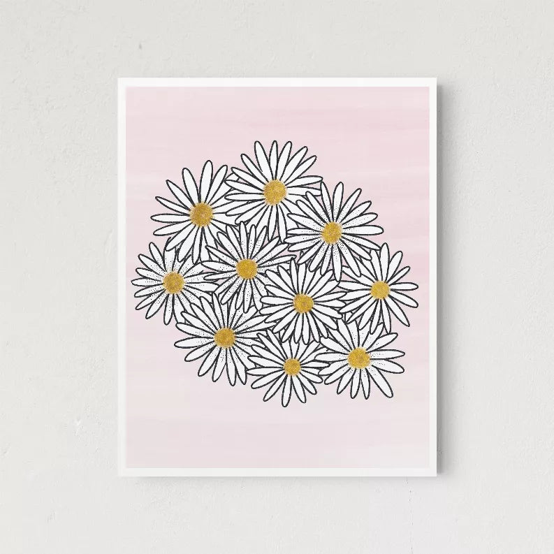 Pink daisy floral line art print with yellow centers in a white border