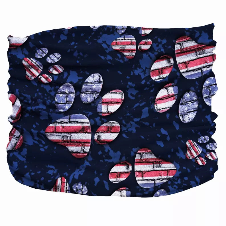 Navy patriotic dog neck gaiter with American flag paw-print patches