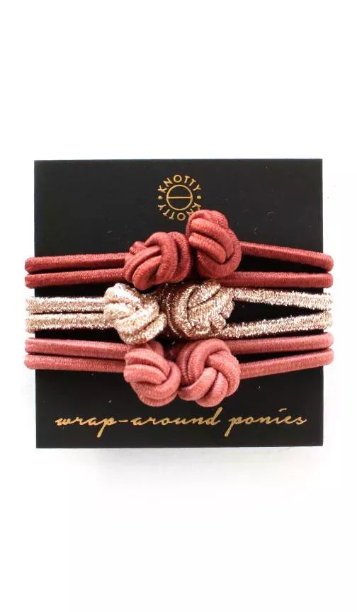 Set of 3 wrap-around hair ponies with coral bow and gold glitter scrunchies