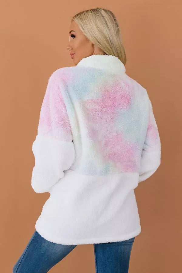 Fuzzy tie-dye pullover, back with pink and light blue stripe across shoulders