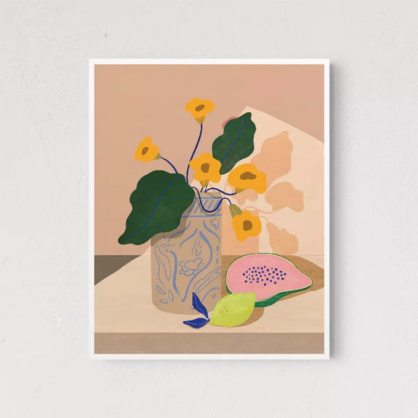 Framed botanical illustration print: vase with yellow blooms, green leaves, and watermelon