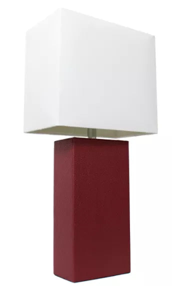 Modern table lamp with white fabric shade and red leather base