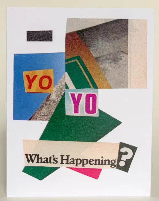 Greeting card front featuring stacked 'Yo' letters and 'What's Happening?' banner