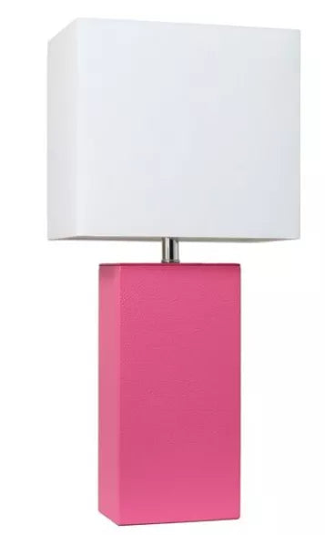 Modern table lamp with white fabric shade and pink leather-look prism base