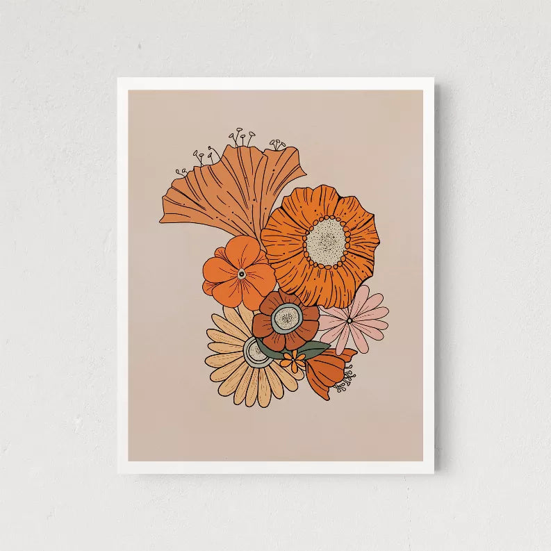 Retro floral framed print, close-up view of orange and cream flower illustration