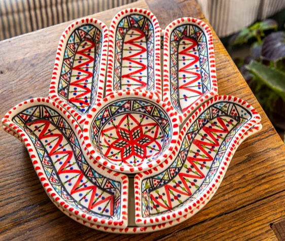 Decorative multi-dish dipping and serving tray with red, blue, green patterned sections