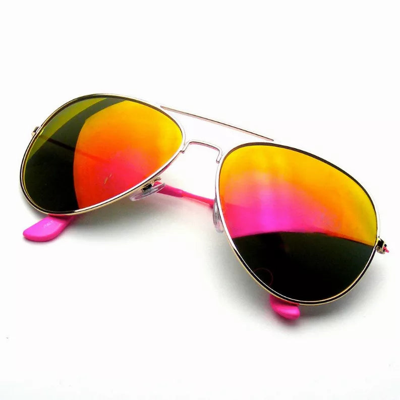 Aviator sunglasses with mirrored rainbow lenses, metal frame, and pink temple tips