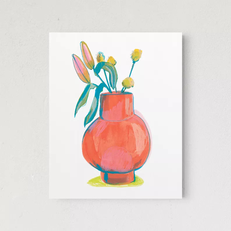 Square wall art print of a red vase with blue-green stems and yellow flowers.