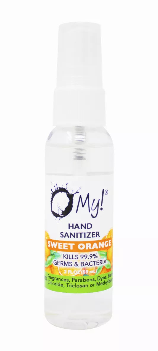 White hand sanitizer bottle with spray nozzle, Sweet Orange label details