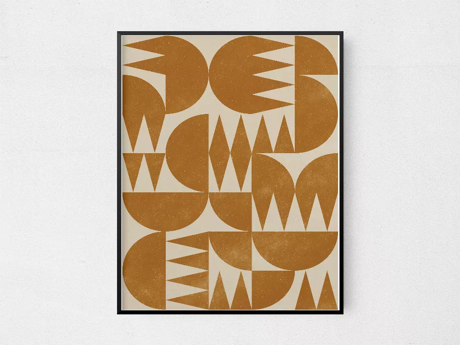 Framed woodblock-style abstract wall art with tan circles, triangles, and white frame