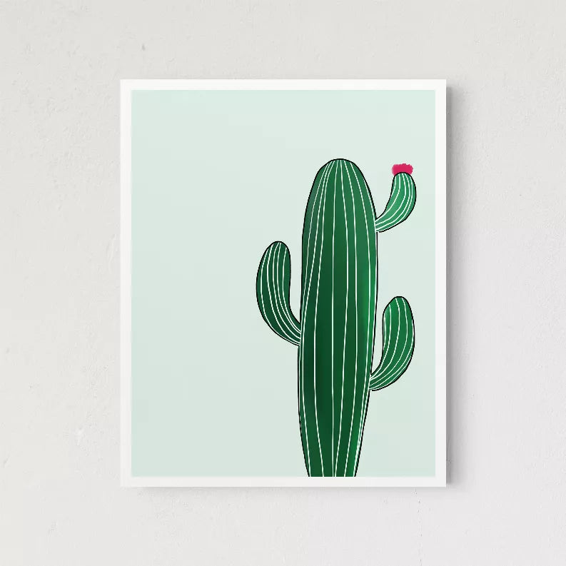 Framed cactus wall art showing tall green striped cactus with two smaller arms