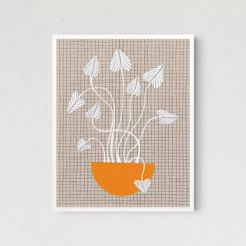 Framed potted plant print with gray line leaves above an orange bowl-shaped pot