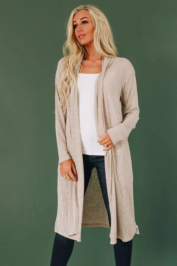 Heather beige slouchy knit cardigan with open front, long sleeves, front view