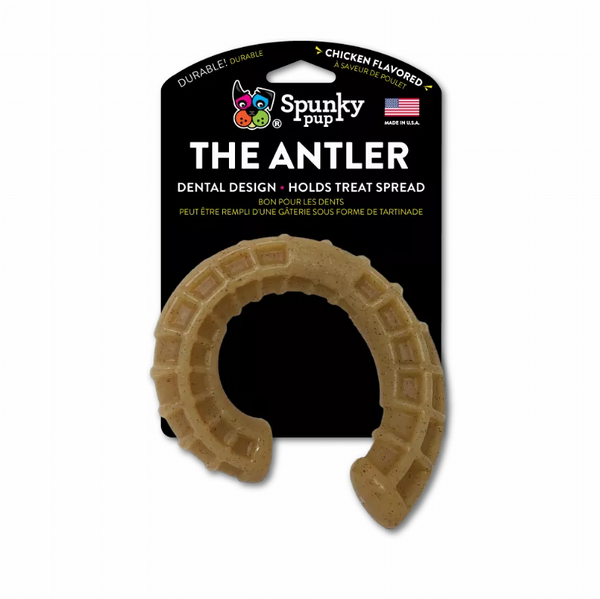 Ram antler-shaped dental dog treat, durable chew, chicken flavor