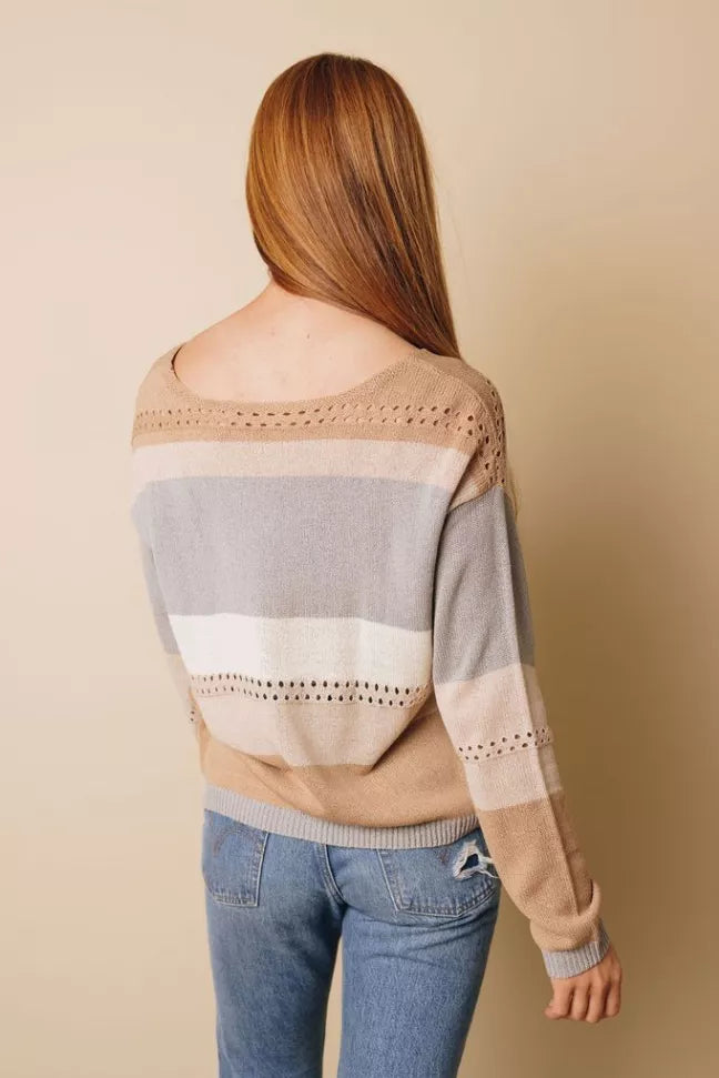 Back of knitted color block sweater; gray and cream stripes with tan upper band
