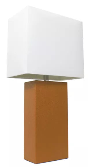 Modern table lamp with white fabric drum shade and brown leather base