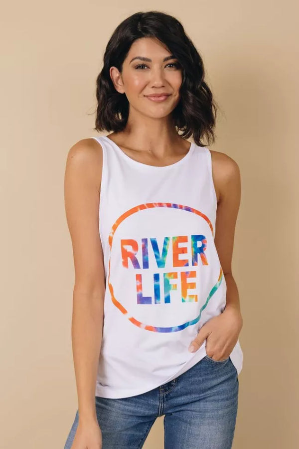 White sleeveless tank top with colorful circular 'RIVER LIFE' graphic.