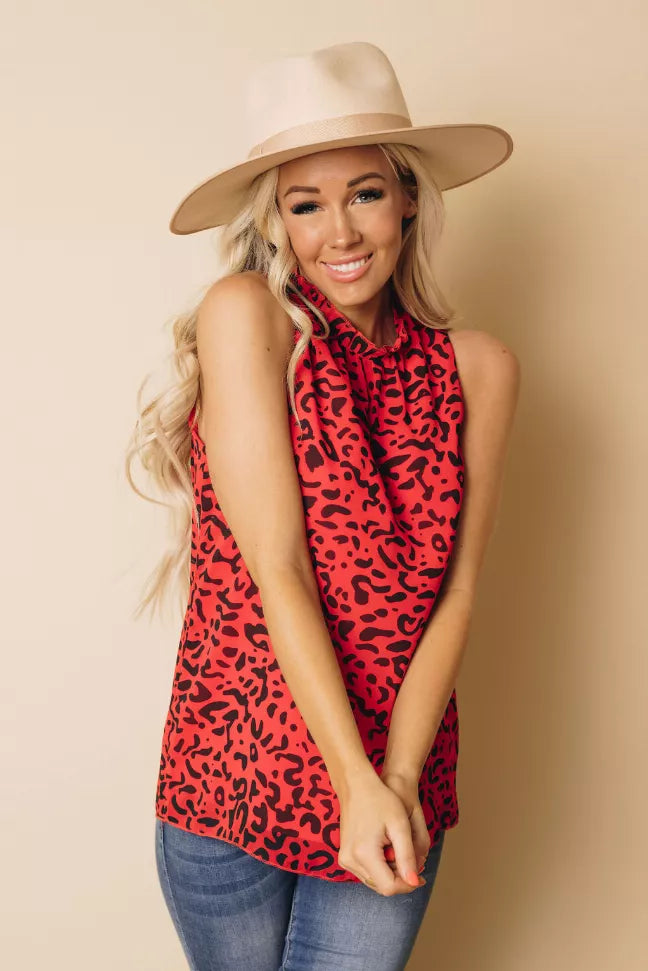 Red leopard-print sleeveless tank with rounded neckline, front view