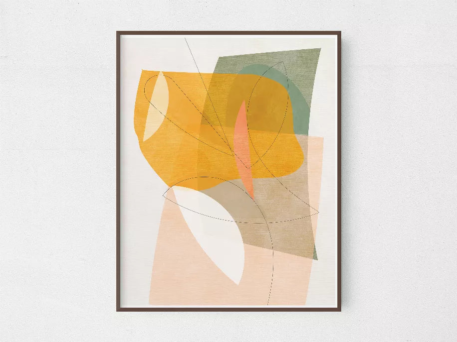 Framed abstract watercolor-style print with yellow, orange, green, and peach shapes