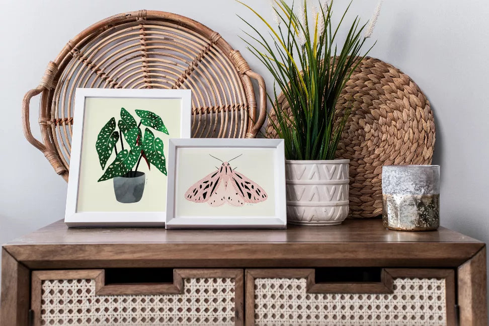 Two framed prints on shelf, pink moth art with black spots and green leaf art