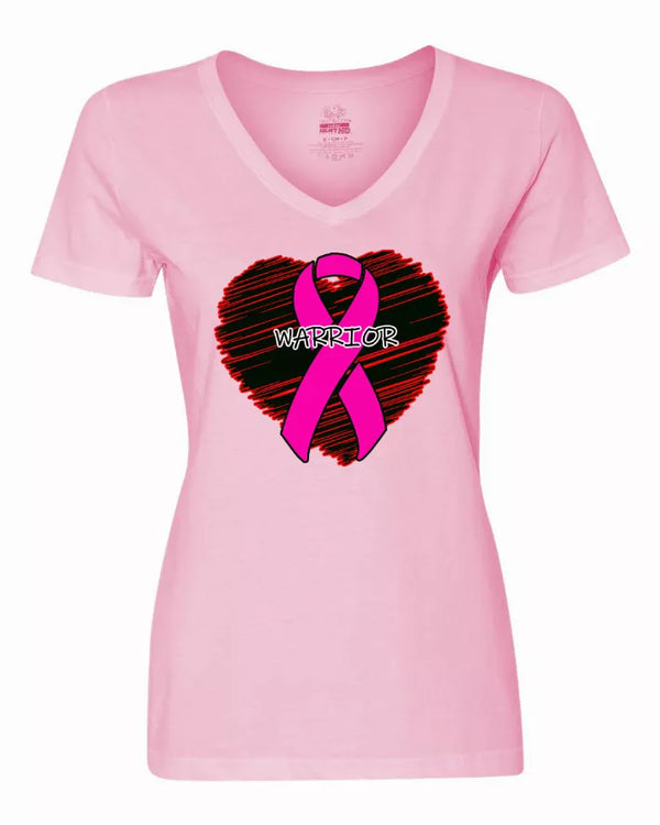 Pink V-neck ladies T-shirt with Warrior heart graphic and pink awareness ribbon