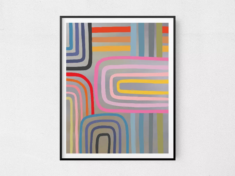 Framed abstract geometric print featuring colorful curved line blocks