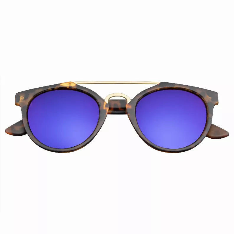 Horn-rimmed vintage crossbar sunglasses, dark frames, purple mirrored lenses