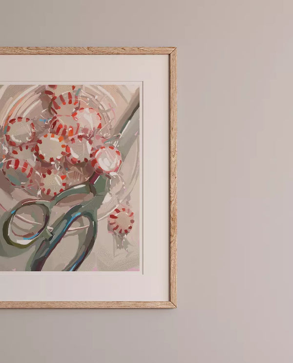 Framed abstract wall art print with red circular pattern and green-grey shapes