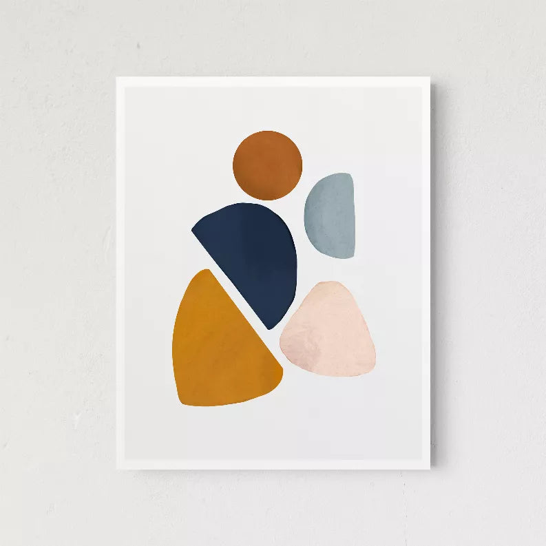 Framed abstract wall art print with geometric orange, navy, light blue and beige shapes