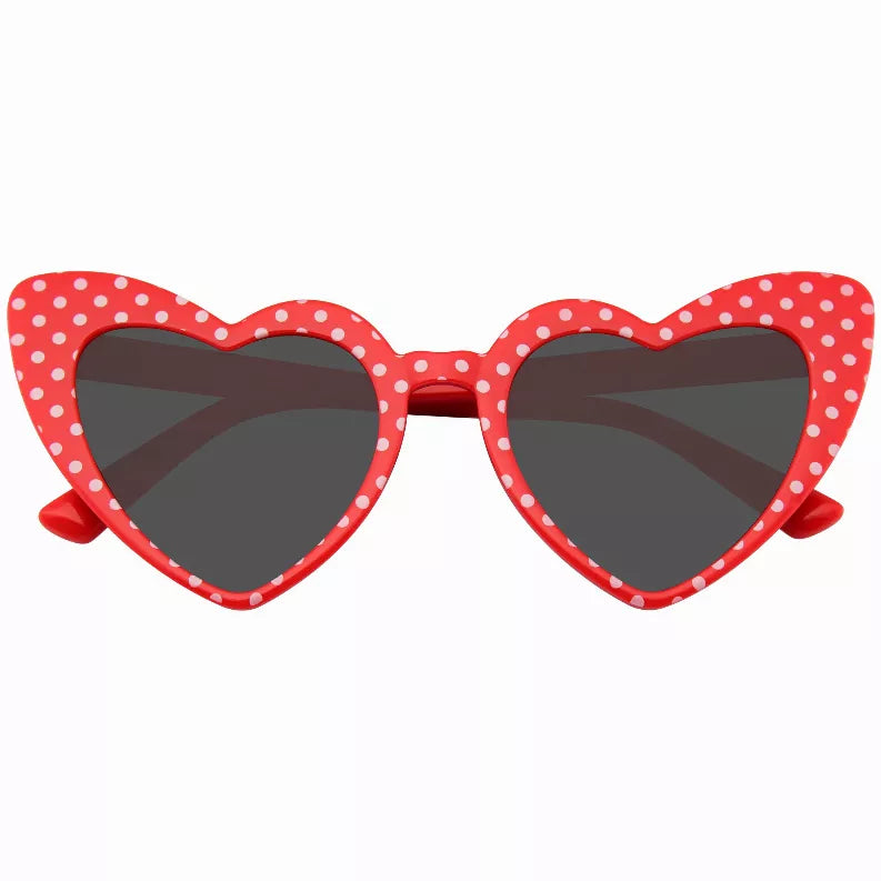 Red polka-dot heart cat-eye sunglasses with dark lenses and glossy frame