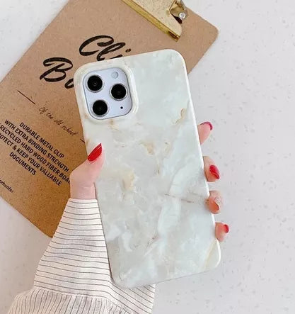 Marble phone case for iPhone 11 Pro in white with gold swirls, camera cutouts