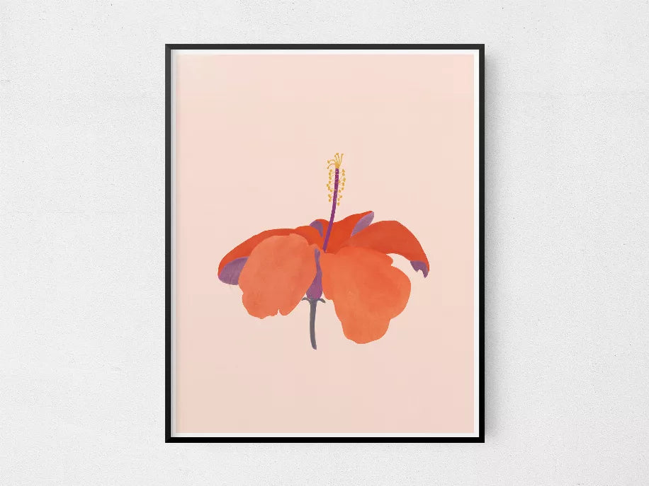 Framed hibiscus flower artwork featuring orange petals and a slender yellow-tipped stem