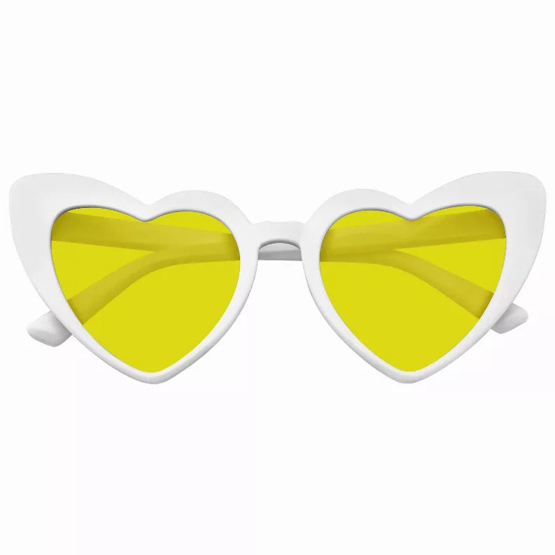 Heart-shaped cat-eye sunglasses with white frames and yellow tinted lenses